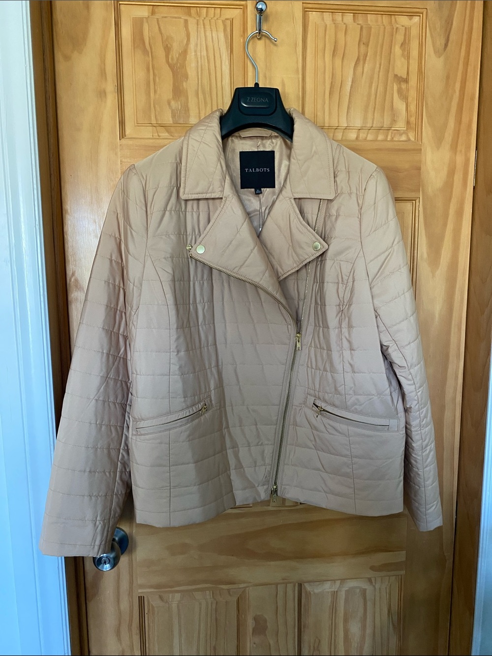 Talbots Quilted Light Beige Moto Puffer Jacket